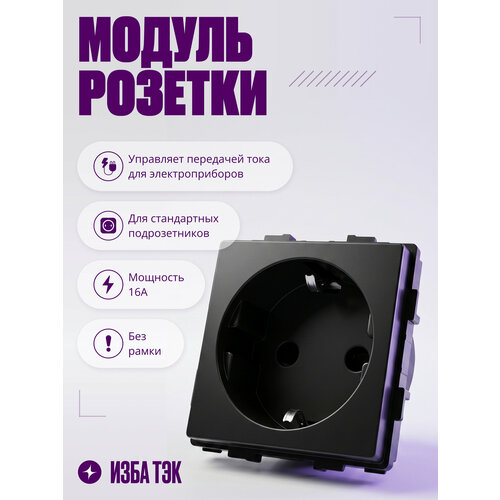 фото Модуль розетки для рамки, с заземлением, без рамки, на 16 а, черный izba tech