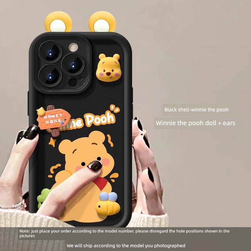 Силиконовый чехол для iPhone 17 Pro с фигуркой Винни-Пуха и ушами, классический черный, амортизирующий удары