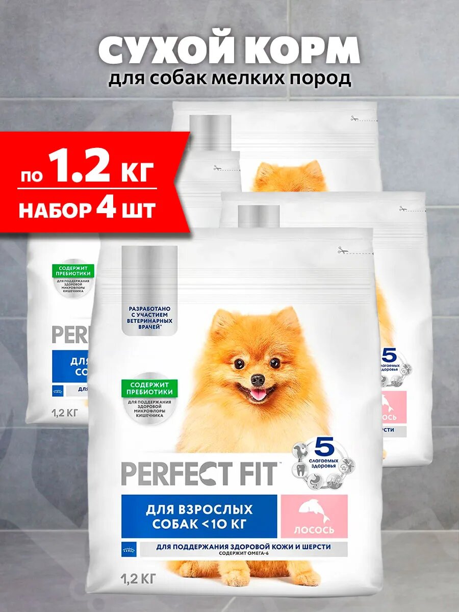 Корм сухой Perfect Fit Adult для мелких собак, для поддержания здоровья кожи и шерсти, лосось, 1,2 кг 4 шт