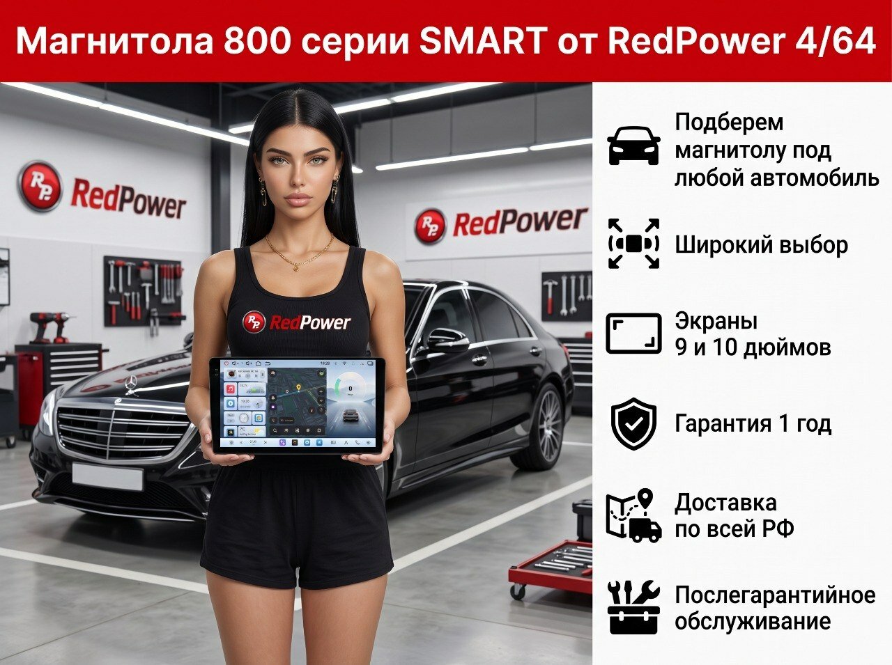 Автомагнитола RedPower 800 (SMART) 4/64 Гб 10 дюймов (без рамки и проводки)