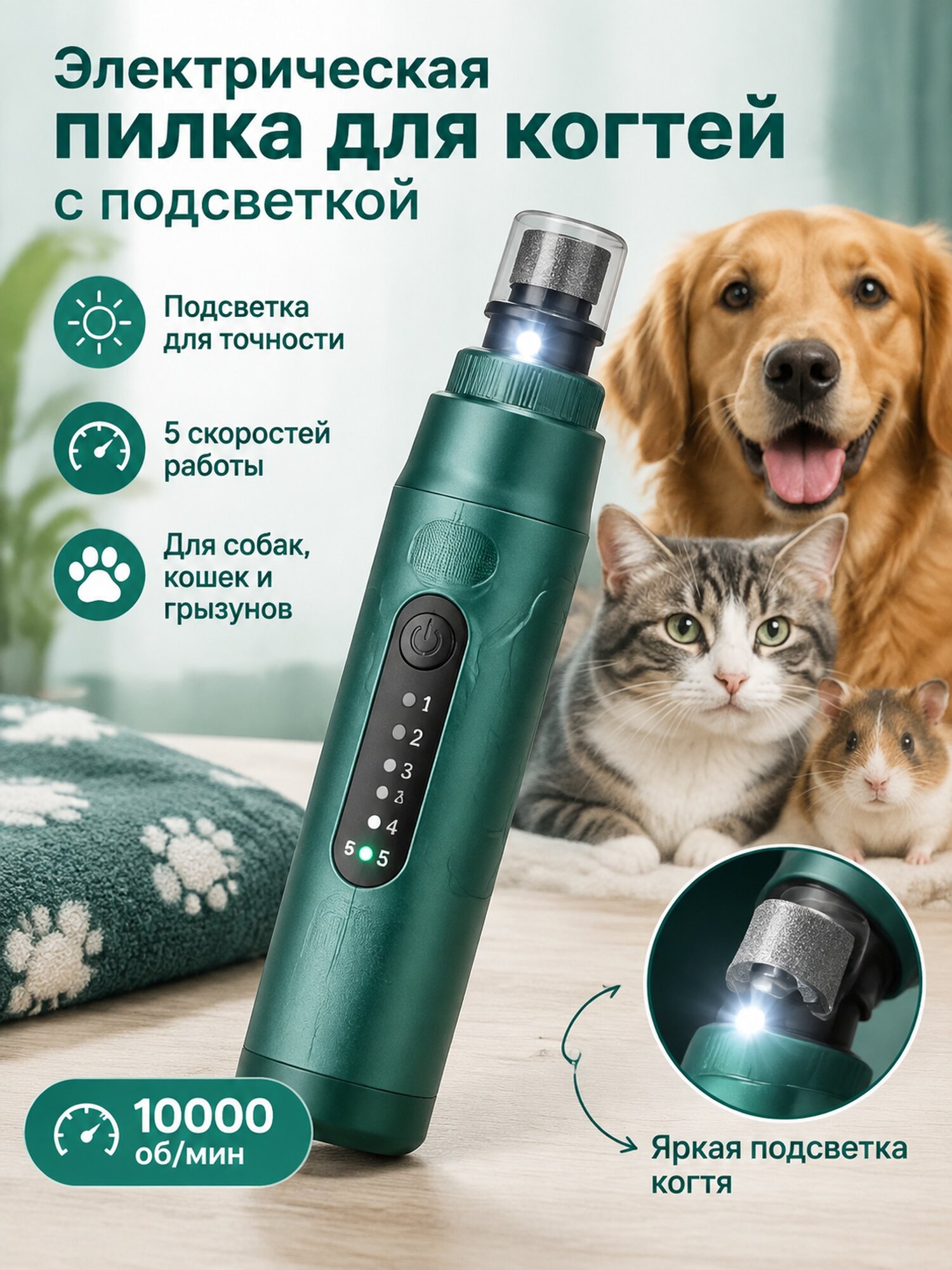 Электрическая пилка для когтей животных с подсветкой и 5 скоростями, 10000 об/мин