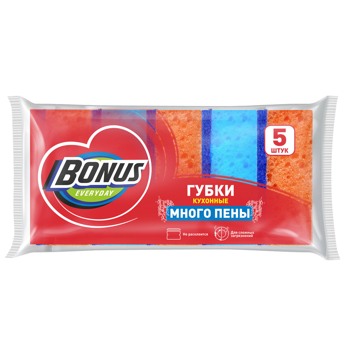 Губки кухонные для мытья посуды BONUS крупнопористые, разноцветные 5шт