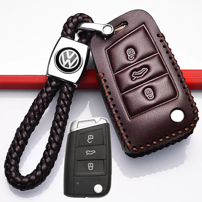 Кожаный чехол для ключа Volkswagen Taigo 2026, полный чехол с плетеной веревкой, коричневый, совместим с системой