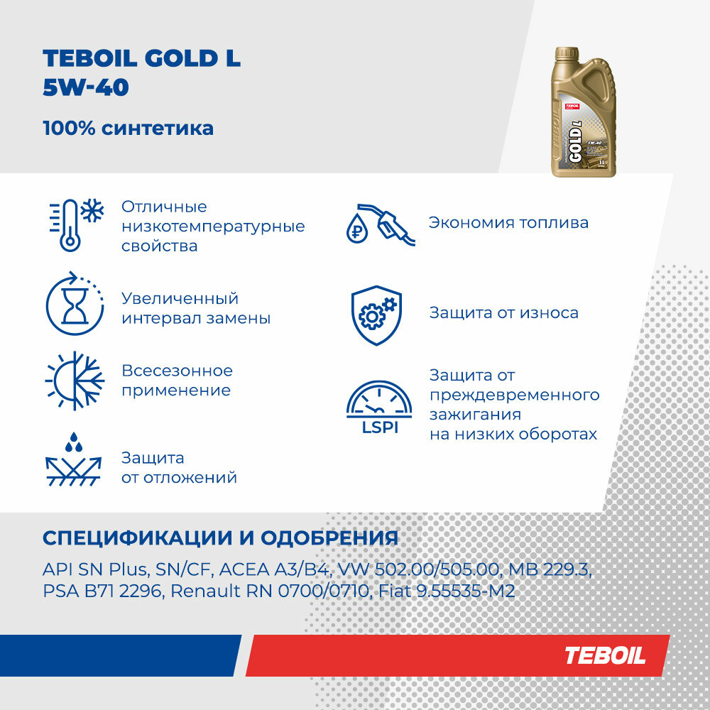 Моторное масло TEBOIL Gold L 5W-40 Синтетическое 4 л — фото 1
