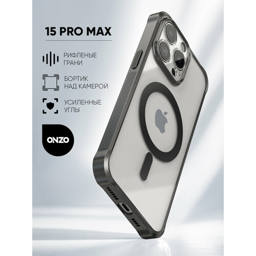 фото Противоударный чехол мэгсэйф на iphone 15 pro max / айфон 15 про макс с функцией магсейф, прозрачный с черными рамками onzo