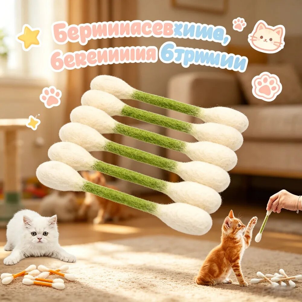 Игрушки для кошек в виде гигантских ватных палочек из войлока, 6 штук, безопасные жевательные для котят, длина 15 см, для домашних игр