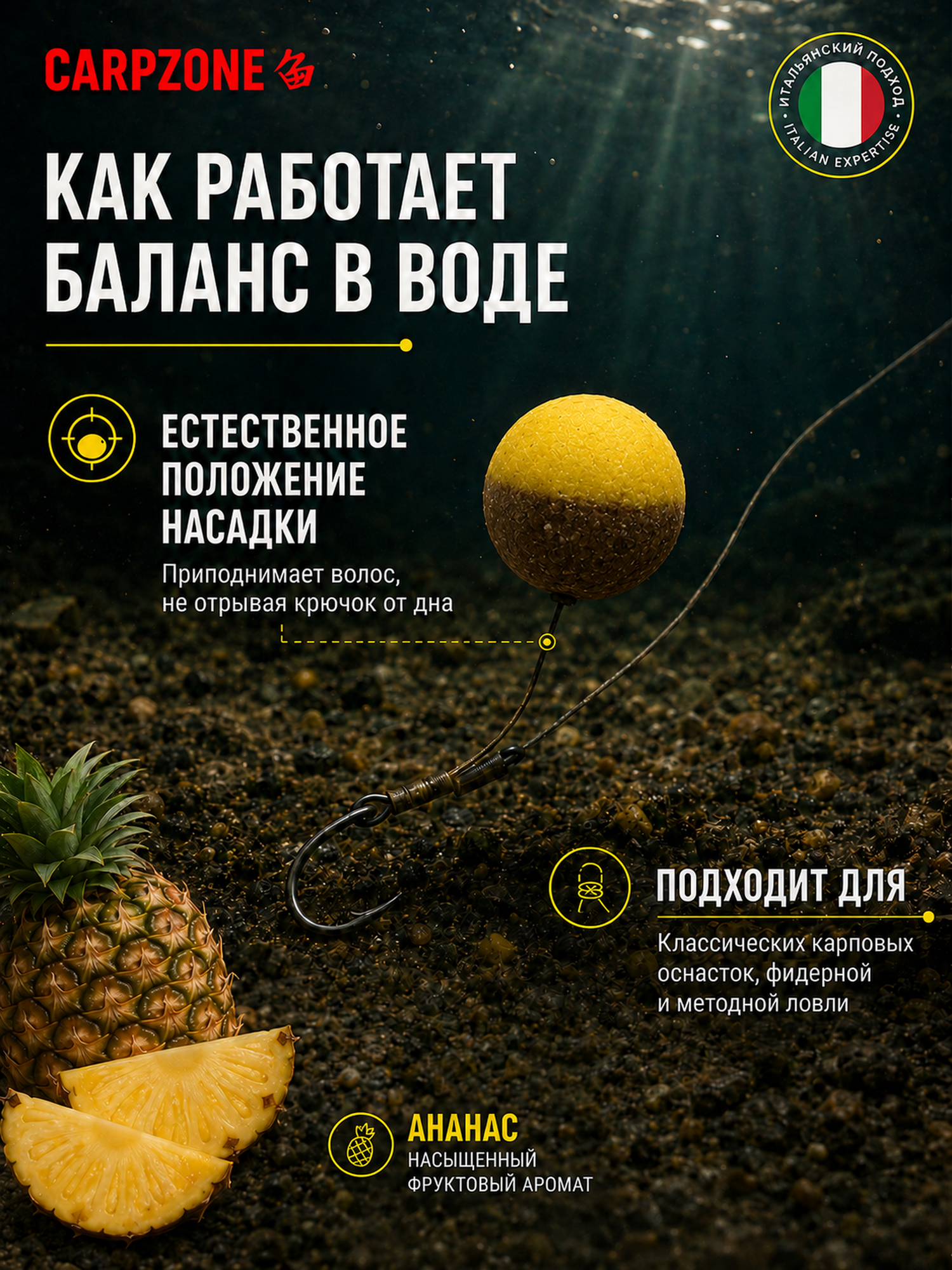 Бойлы для рыбалки Баланс CARPZONE, насадочные, Ананас, 12 мм, 70 г — фото 1