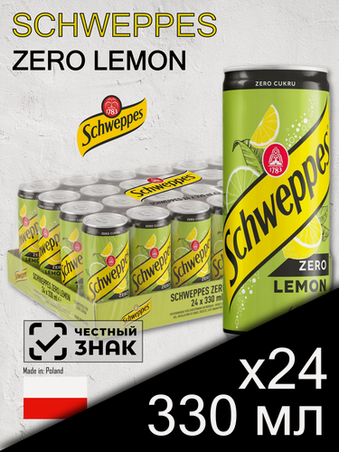 Изображение товара Schweppes Zero Lemon, 0.33 л, 24 шт, slim-банка (газированный напиток Швепс Зеро Лемон, лимон, без сахара, Польша)