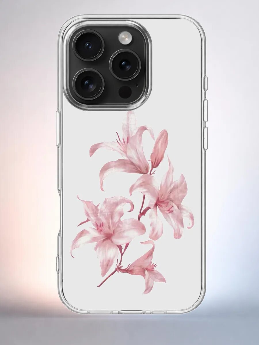 Чехол iPhone 15 Pro лилии силиконовый прозрачный