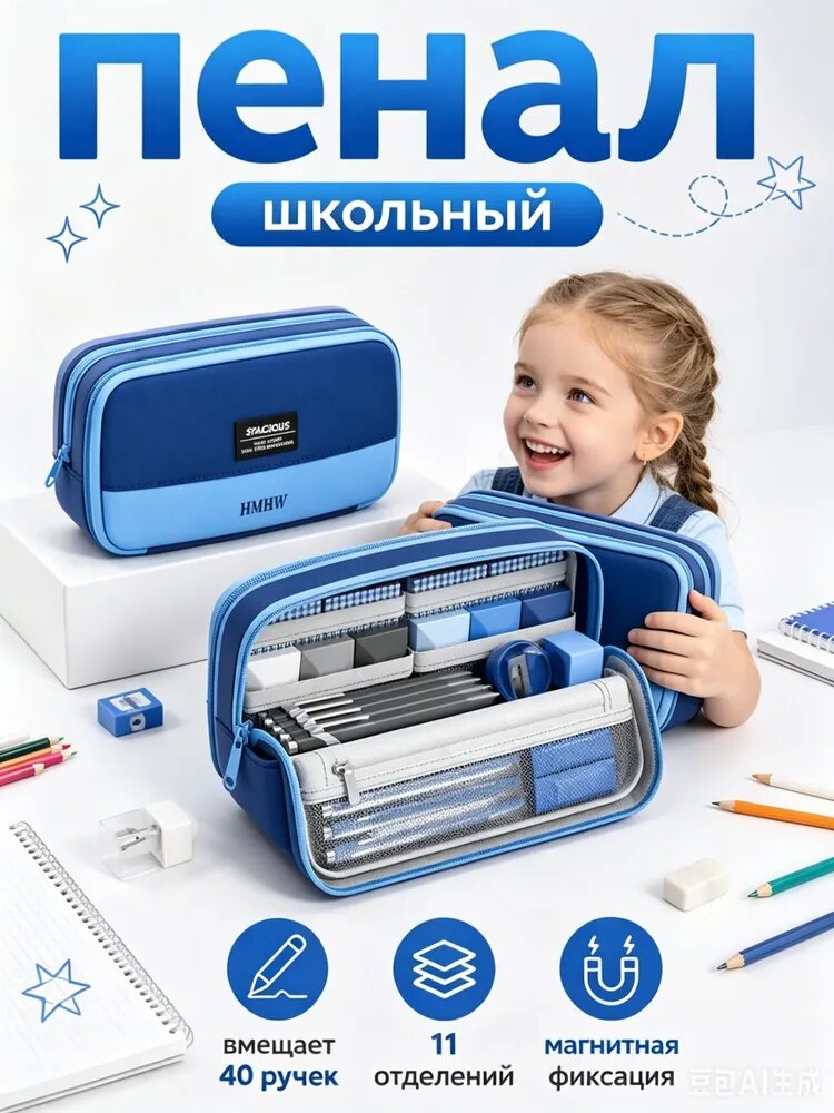 Пенал для мальчика школьный 22x13 см, органайзер для канцелярии стоячий, пенал-трансформер 11 отделений