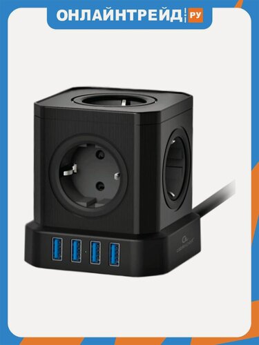 Изображение товара Сетевой фильтр Cablexpert Tower 5 розеток, 10А, 4хUSB, 3.1А, 2м, черный, коробка (TWR-5-U4-B-2)