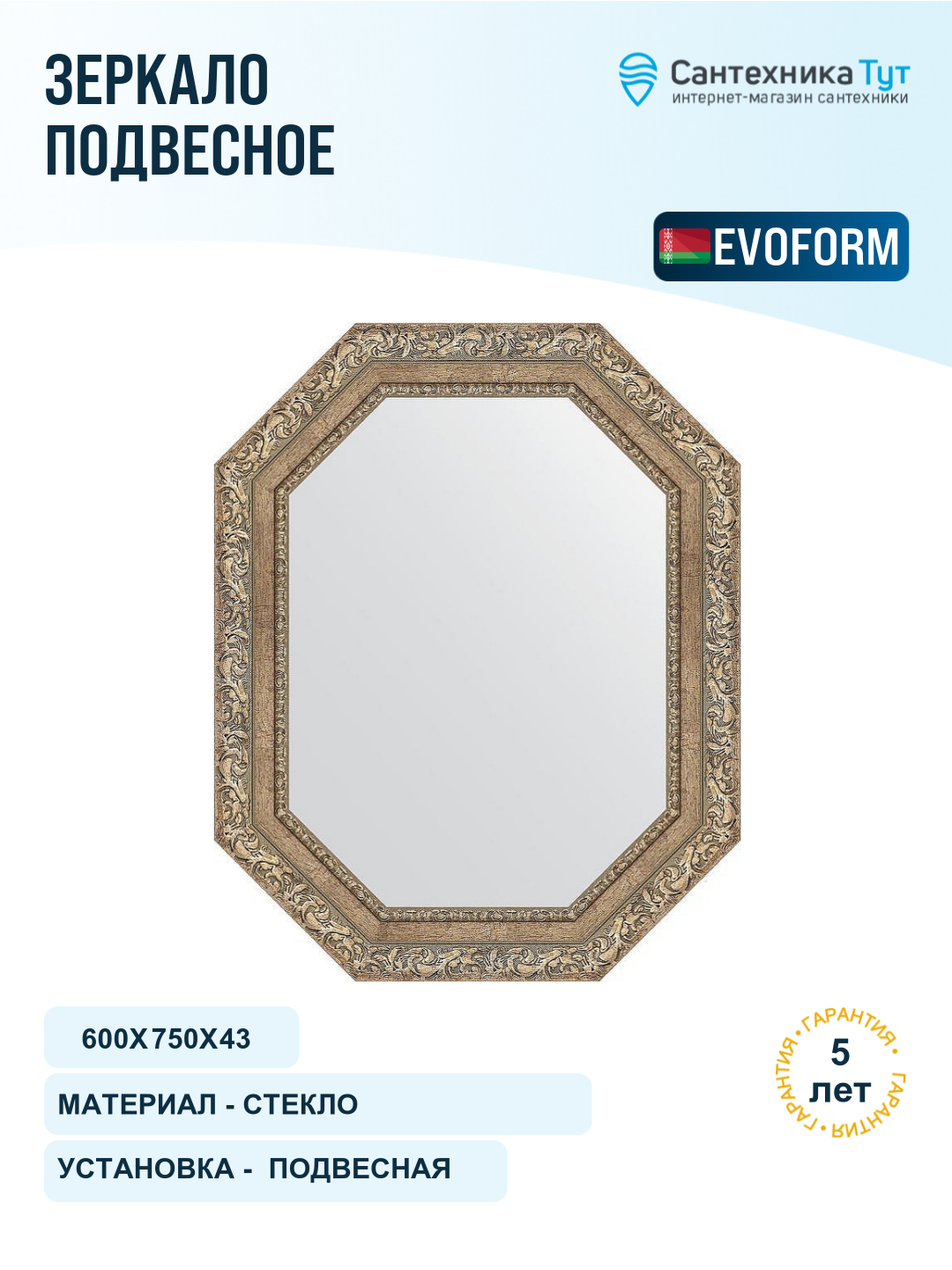 Зеркало Evoform Octagon 60x75 BY 7150 в багетной раме - Виньетка античное серебро 85 мм