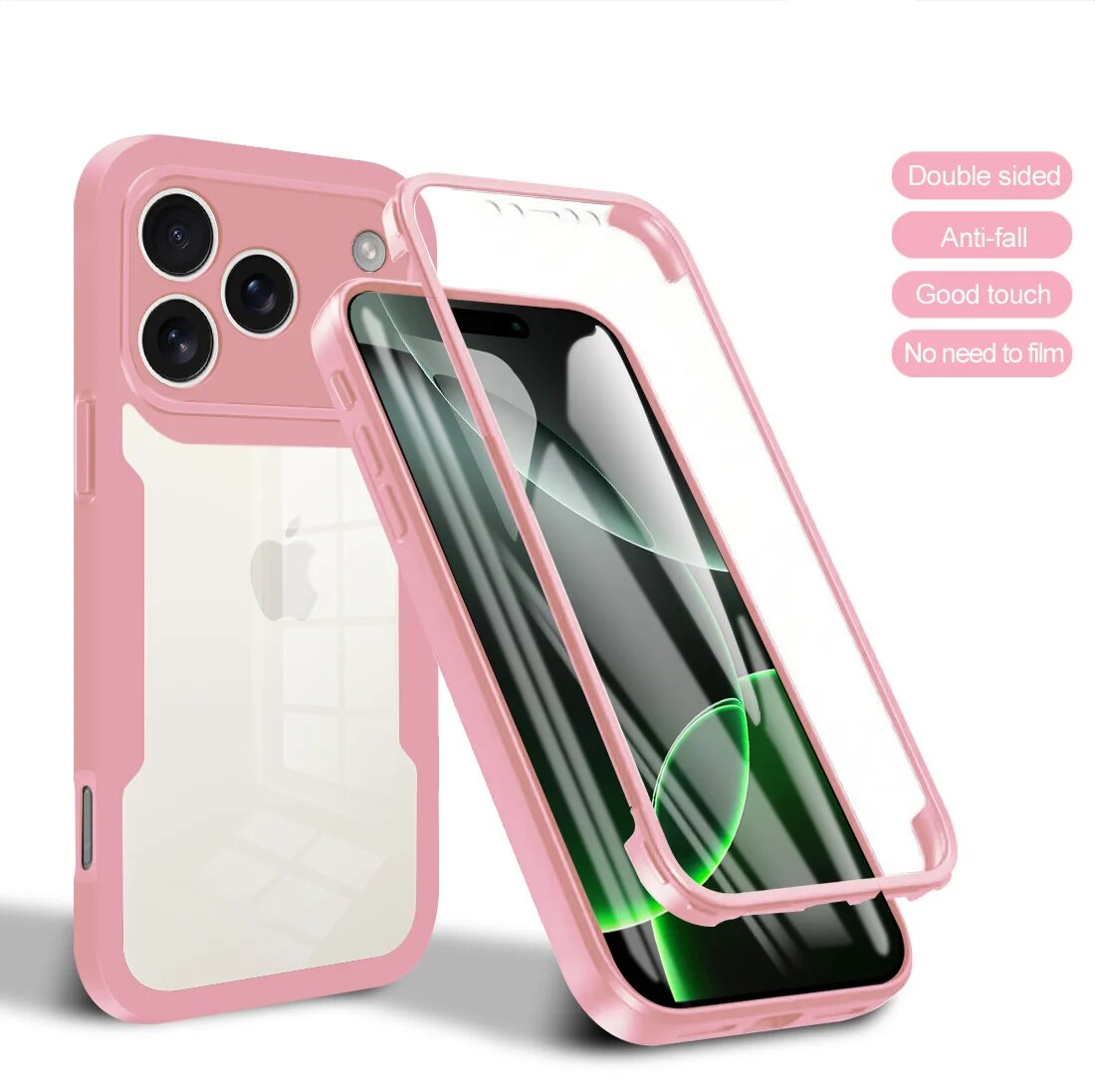 Двусторонний чехол с полной защитой 360 для iPhone 17 Air 16 15 14 iPhone17 Про Макс, Розовый, pink