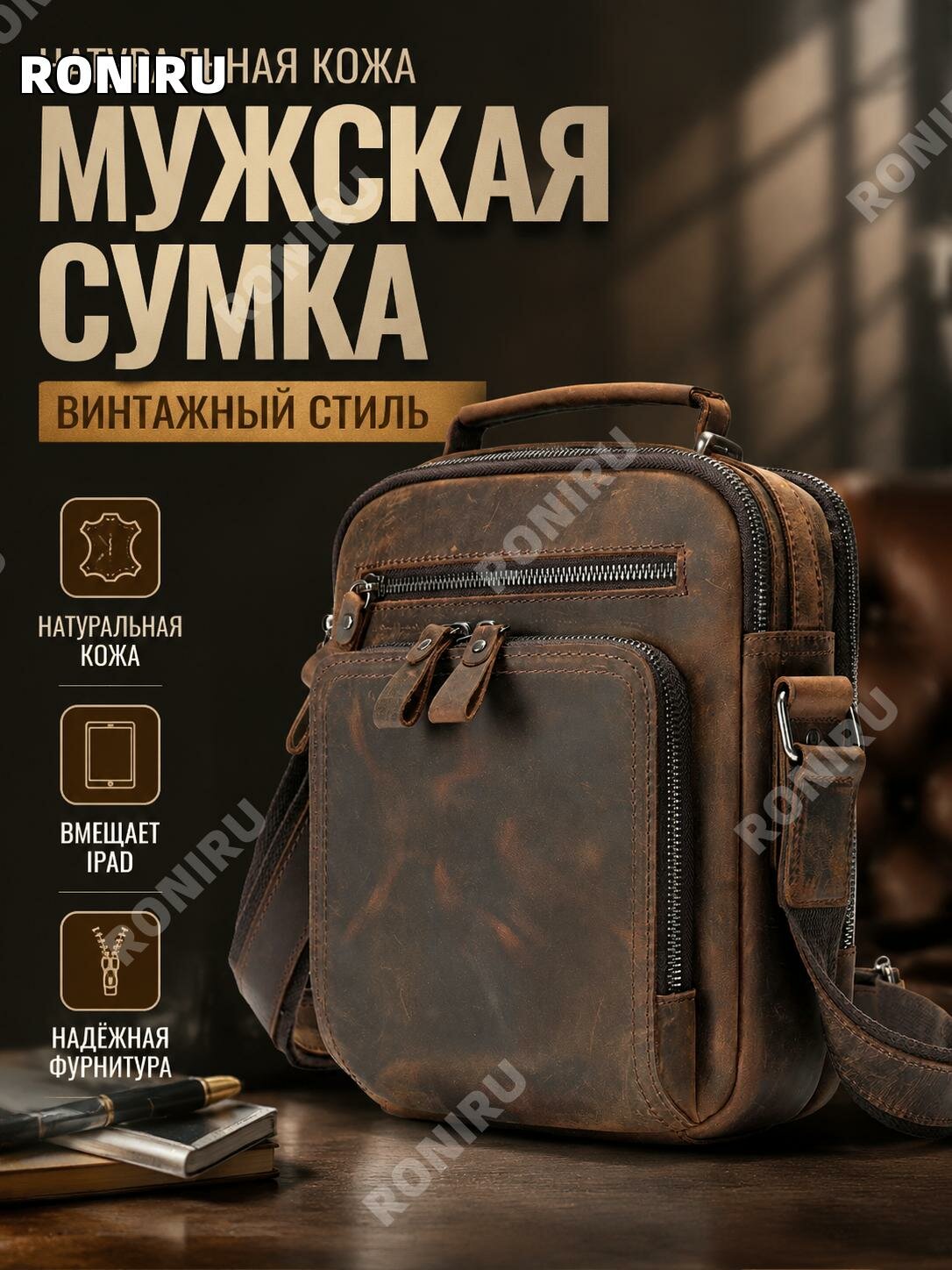 Кожаная сумка через плечо крейзи хорс для iPad, кофейная