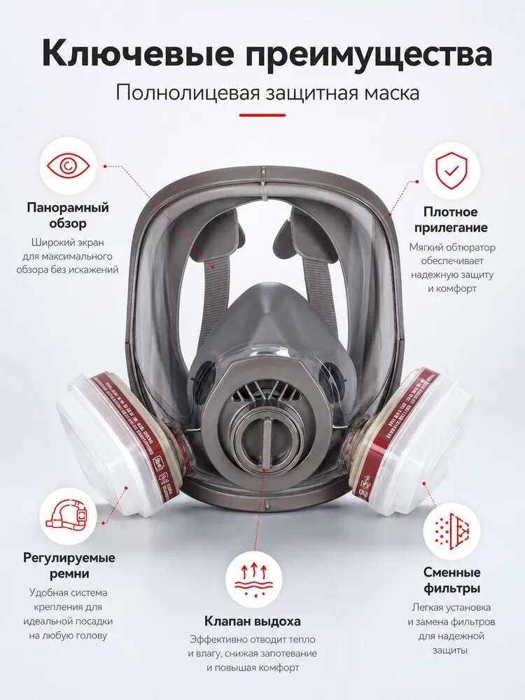 Противогаз полнолицевой FFP3 с клапаном выдоха и сменными фильтрами, серый