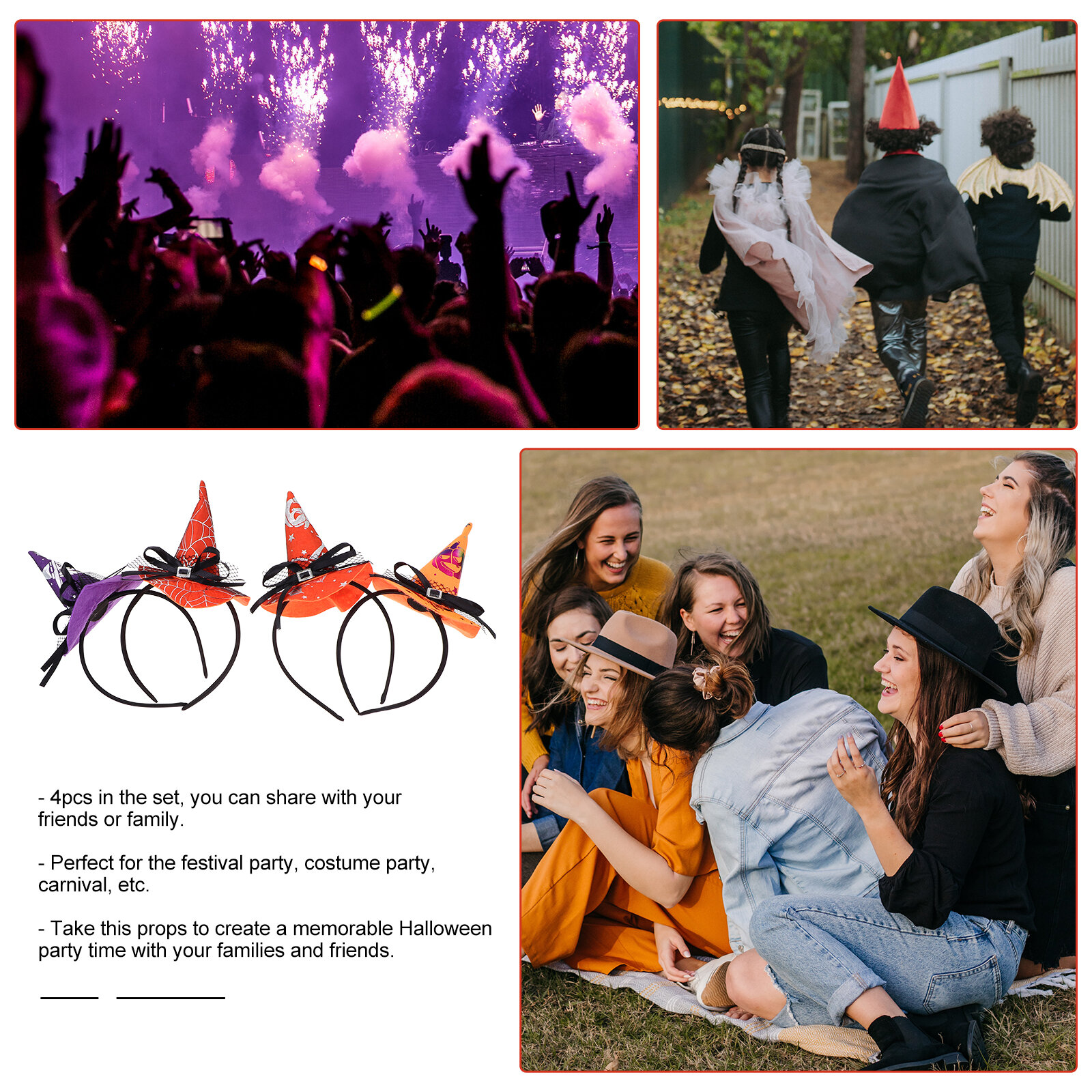 4 Набора Halloween Hoops с Шляпами Ведьмы из Прочного Материала для Вечеринок и Карнавалов 22x12 см