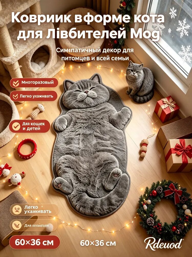 Rdeuod Коврик придверный 36x60 см кот, котёнок темно-серый