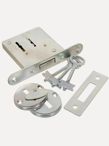 Изображение товара Замок врезной Омега ЗВ8-4 сувальдный, стальной, 3 ключа, без ручки, цвет серый, надежное запирающее устройство для дверей.