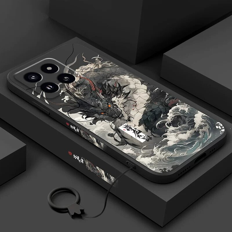 Чехол для Xiaomi 12, Глянцево-черный цвет «Золотой Дракон» с бесплатным защитным стеклом и шнуром
