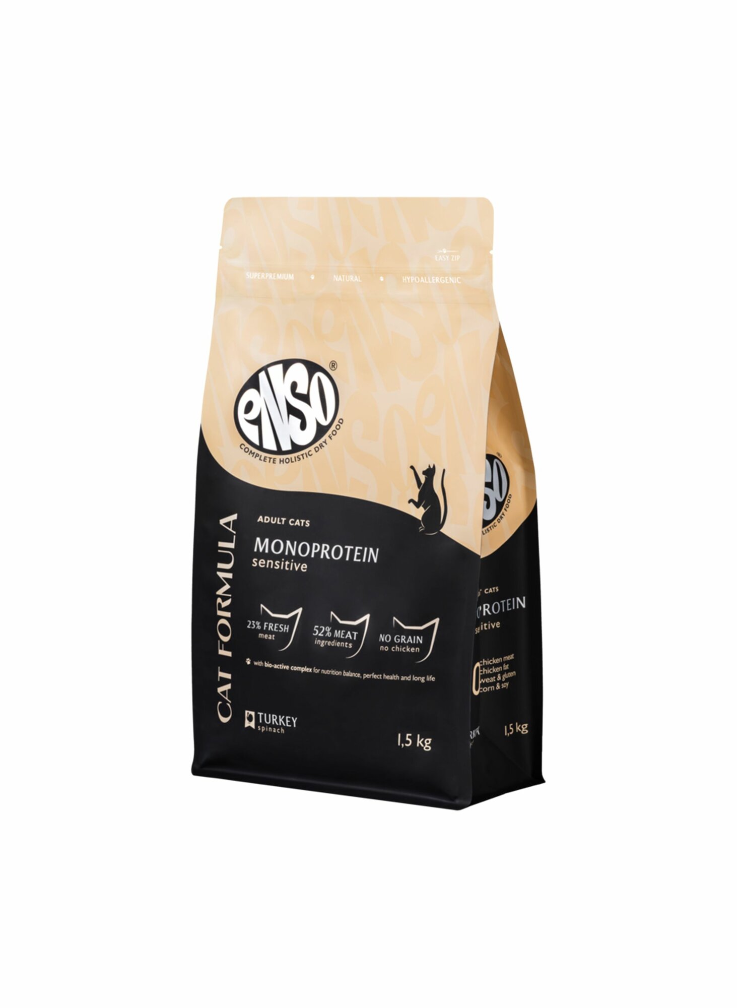 ENSO Cat formula Monoprotein сухой полнорационный корм для взрослых кошек с чувствительным пищеварением со свежей индейкой с добавлением шпината 1,5 кг