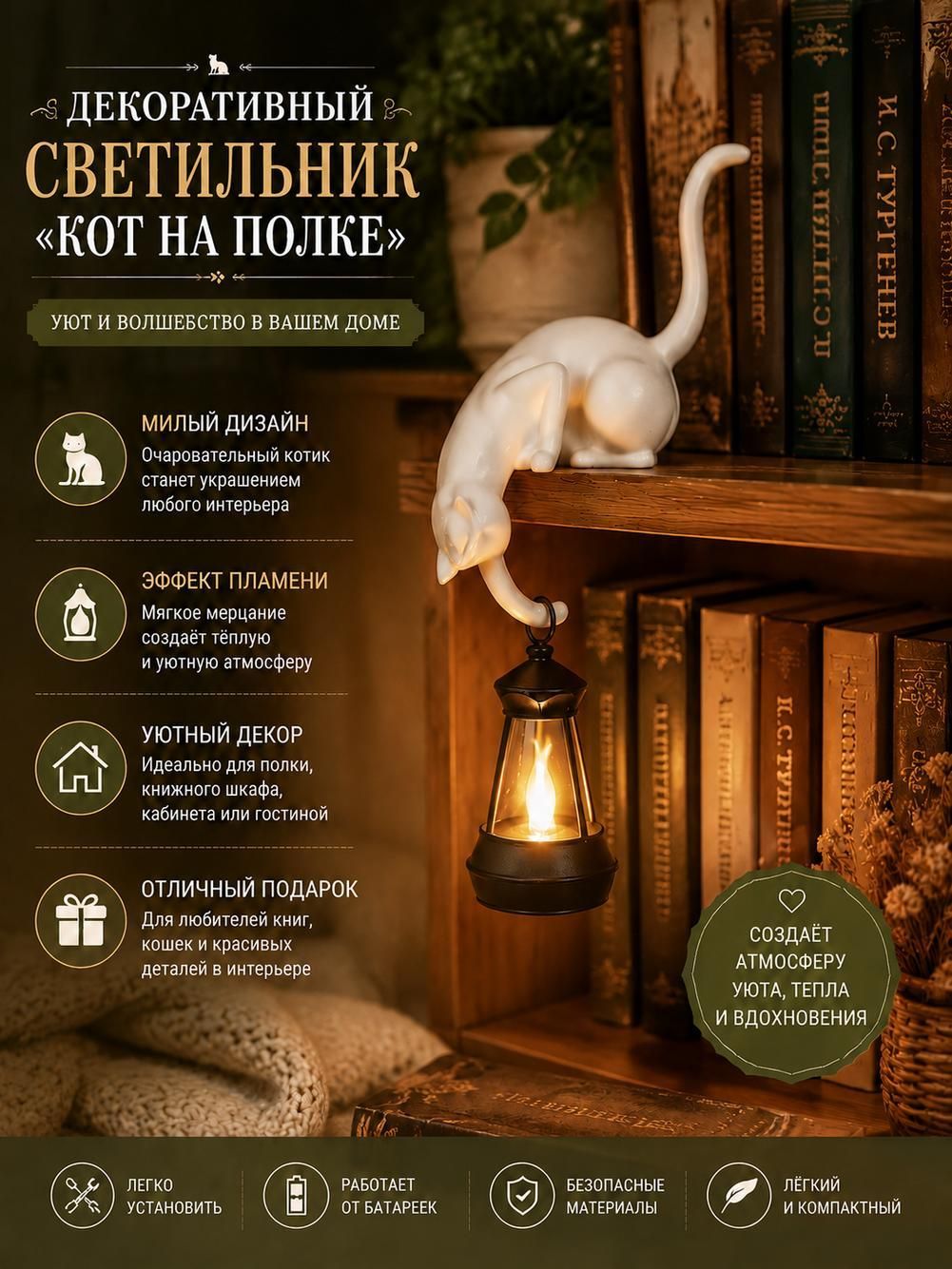 Декоративный интерьерный светильник в виде кошки с фонариком, декор для дома, тёплый белый свет, съёмный фонарик, белая, 1 шт