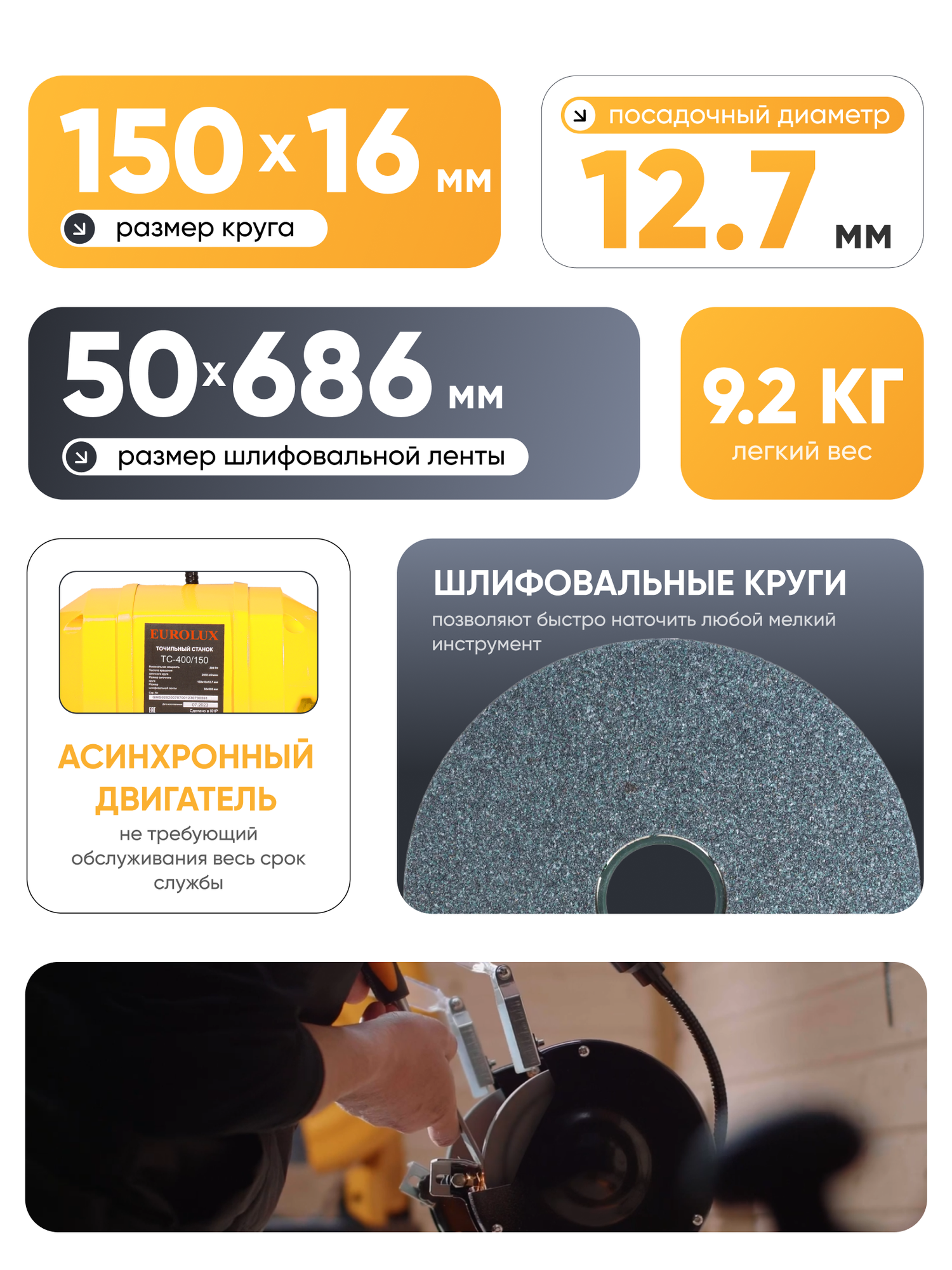 Точильный станок для ножей с шлифовальной лентой ТС-400/150 Eurolux — фото 1
