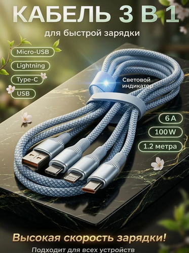 Изображение товара Универсальный кабель 3 в 1 для быстрой зарядки с синим диодом (тройной провод: Micro-USB, Type-C, Lightning)