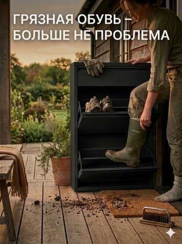 Изображение товара Обувница Металлическая, 2 секции + 1 ящик - Черная