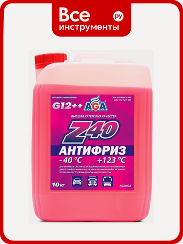 Изображение товара Антифриз AGA готовый к применению, красный, G12++ на основе моноэтиленгликоля, универсальный автомобильный тип