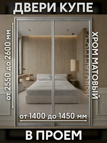 Изображение товара Раздвижные двери купе для гардеробной и шкафов купе с зеркалом в проем по высоте 2600 мм и ширине 1450 мм. Комплект 2 шт.