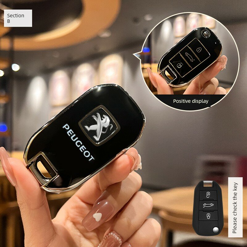 Чехол для ключей Peugeot для моделей 308, 408, 508L, 3008, 5008, E2008 — складной 3-кнопочный, черный логотип,
