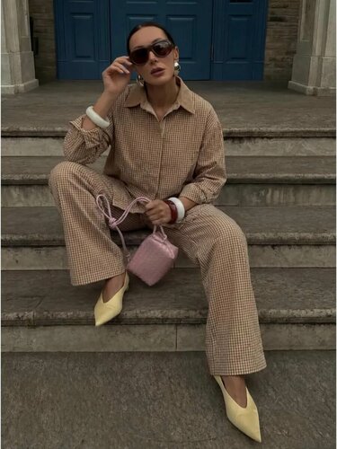 Изображение товара Комплект одежды костюм женский летний двойка в клетку с брюками и рубашкой в пижамном стиле виши