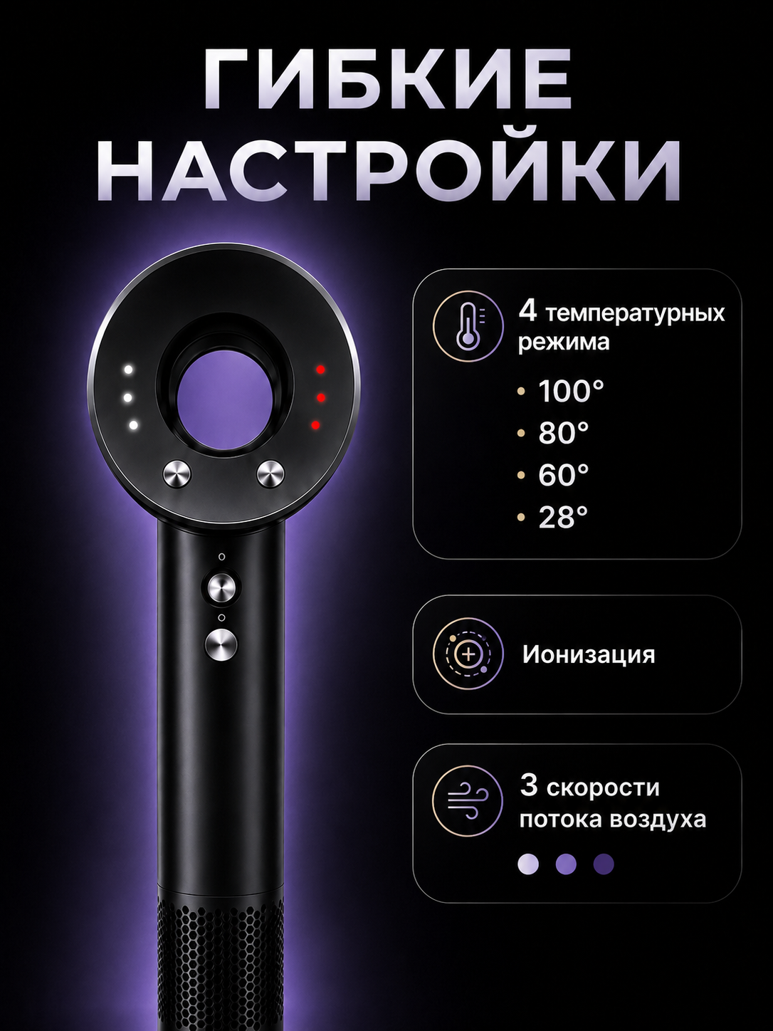 Фен Welleya с насадками 7в1, ионизация, защита от перегрева, 2500Вт — фото 1