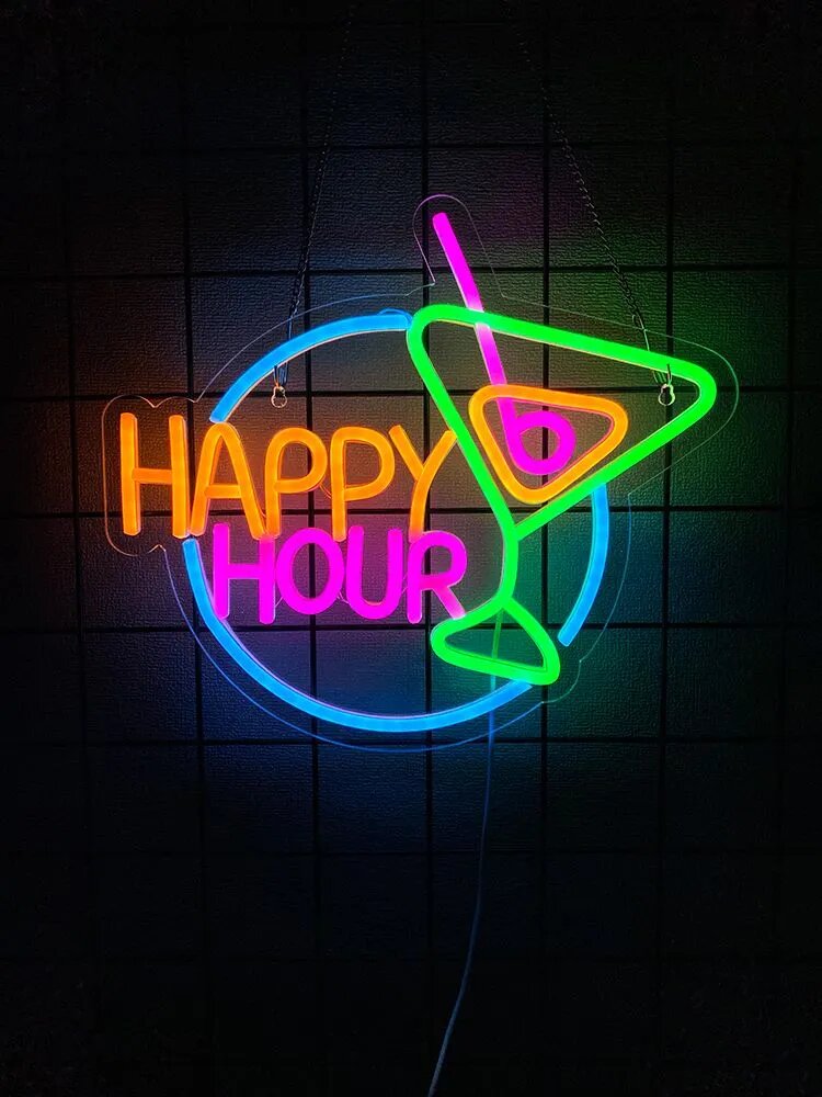 Неоновая вывеска Happy Hour, Светодиодная подсветка, питание от USB Идеально подходит для коктейль-баров
