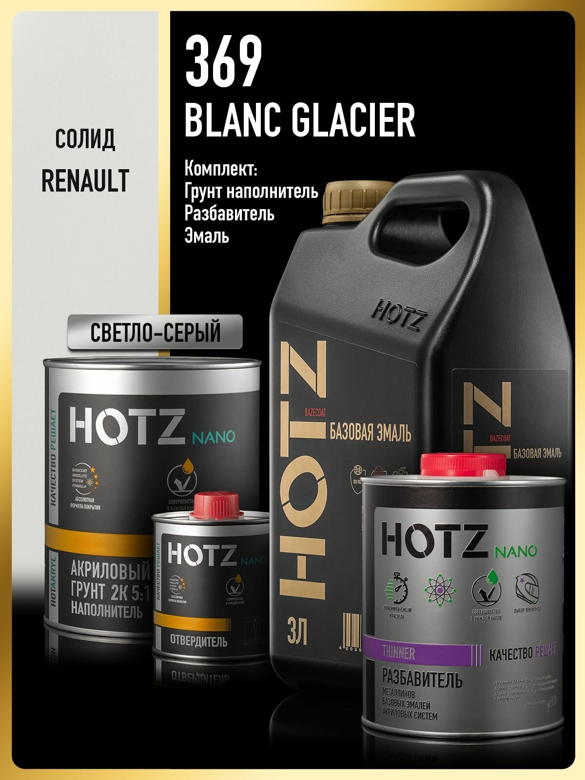 Базовая эмаль RENAULT Blanc Glacier 369, Комплект: (Эмаль 3 литра + Разбавитель 1л. + Грунт акриловый 2К, наполнитель, Светло-серый, 1200 мл), HOTZ