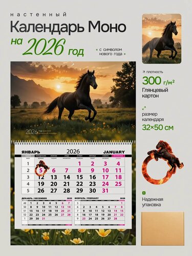 Изображение товара Календарь настенный LEMOR "Лошадь в цветах", 2026, 32x50 см, с магнитным бегунком