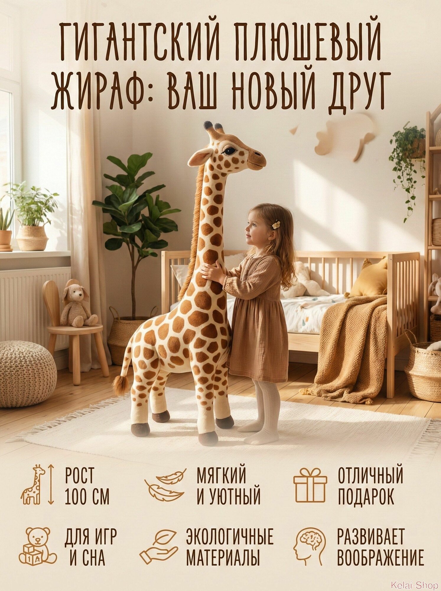 Мягкая игрушка Плюшевый Жираф, большая, 100см, для детей от 1 года
