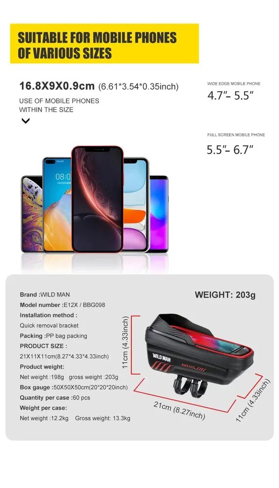 Сумка велосипедная WILD MAN E12X, материал PU+EVA+TPU, черный, 6.9 дюйма — фото 1