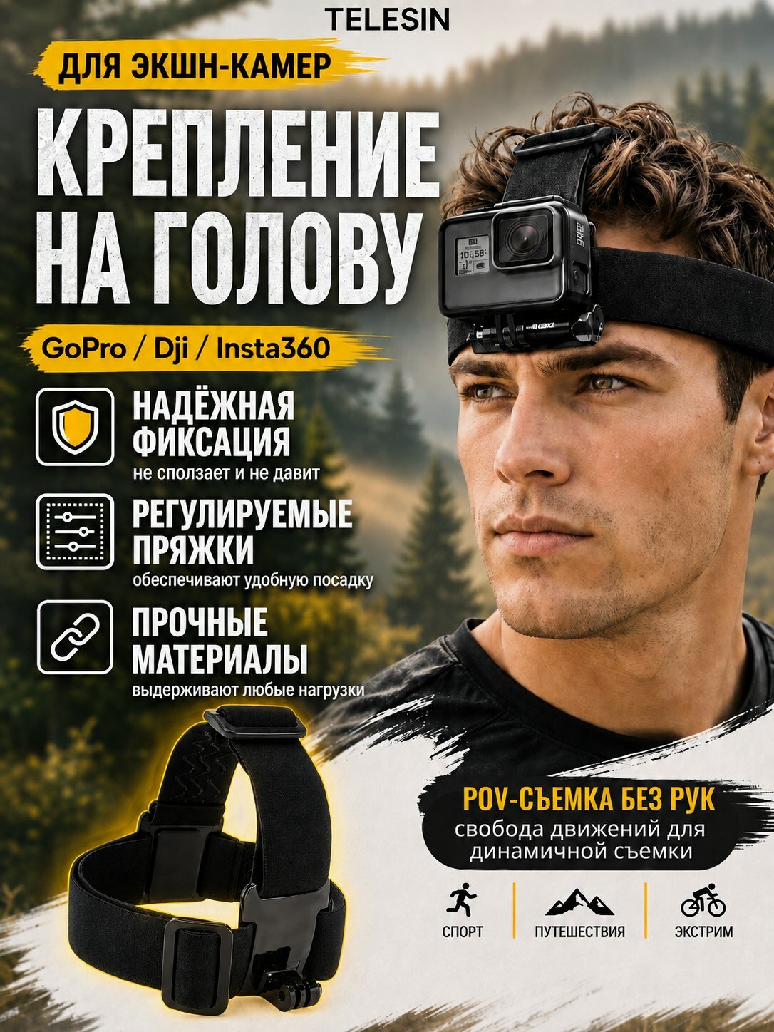 Крепление на голову для экшн камеры на липучках Telesin, GP-HMS-T04