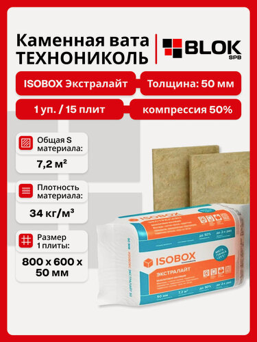 Изображение товара ISOBOX экстралайт 800х600х50 мм, 50% компрессия (1 уп. / 7,2 м2 / 15 шт.) утеплитель Изобокс для стен, пола, крыши