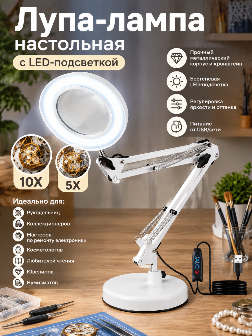 Лупа-лампа настольная с LED-подсветкой 10X, металлический пантограф, USB, белый корпус