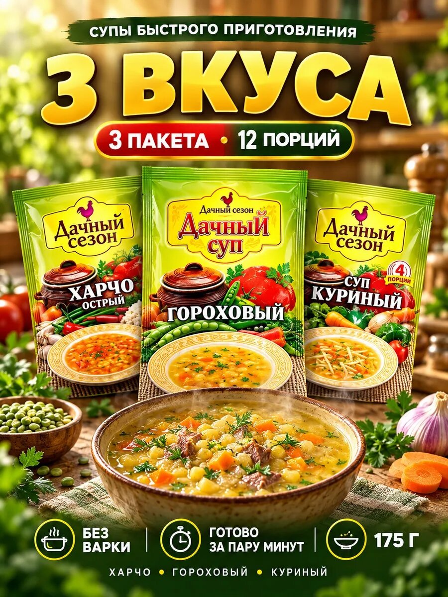 Набор супов 3 вкуса харчо гороховый куриный 175г — супы быстрого приготовления