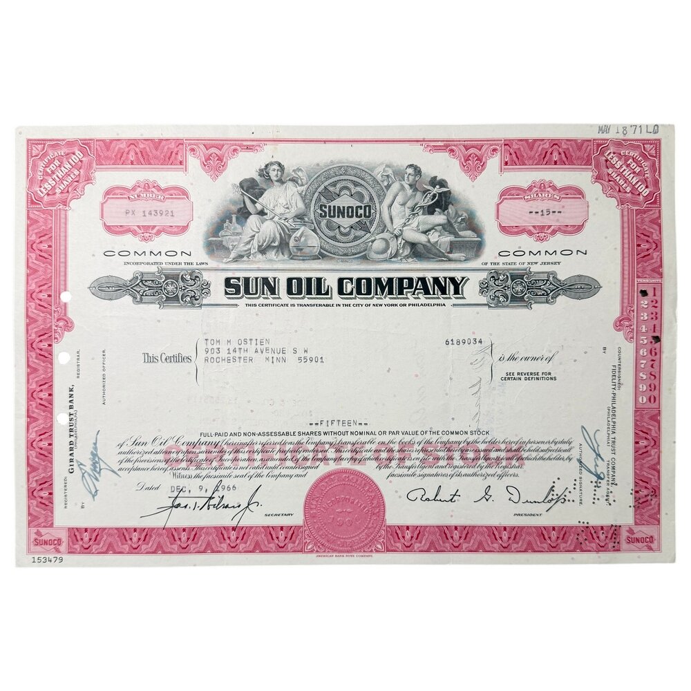 США, Sun Oil Company, сертификат на 15 акций 1966 г. (Серия PX)