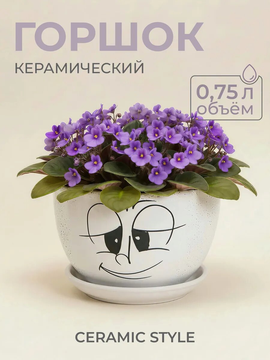 Горшок для цветов с дренажным отверстием и поддоном, 0,75л, керамика