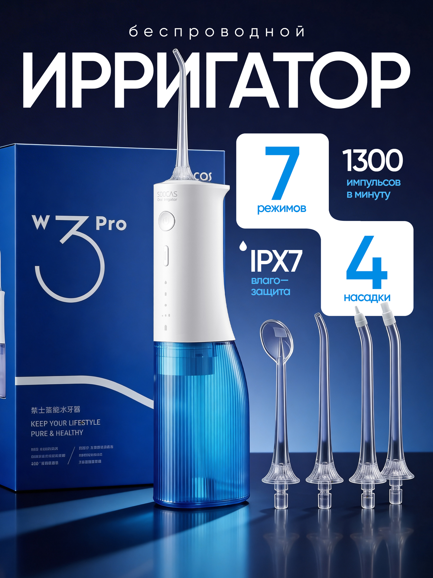 Ирригатор для зубов портативный Soocas W3 PRO, 4 насадки, кейс для насадок в комплекте, 7 режимов, голубой