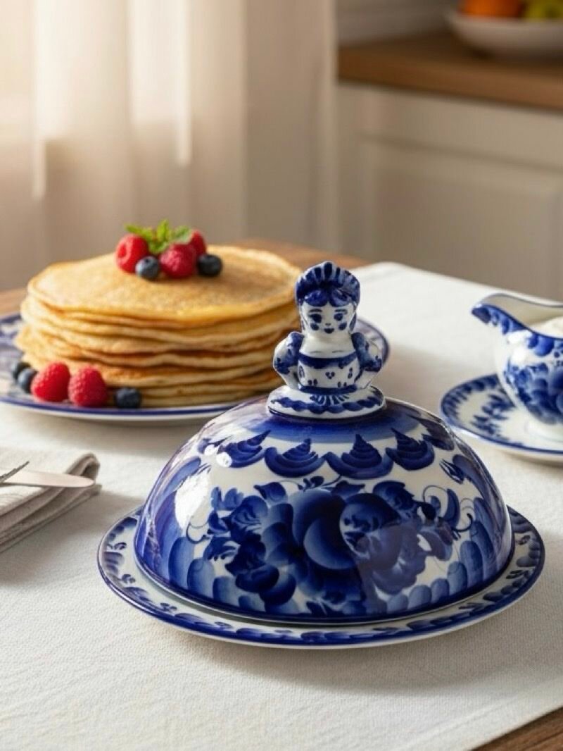 Блинница Китобой "Дама", фарфор, ручная роспись, 17см, с крышкой