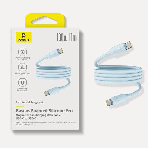 Изображение товара Магнитный кабель для быстрой зарядки Baseus Silicone Pro Magnetic, USB-C to USB-C, E-Marker Chip 100W, 1 метр, Голубой