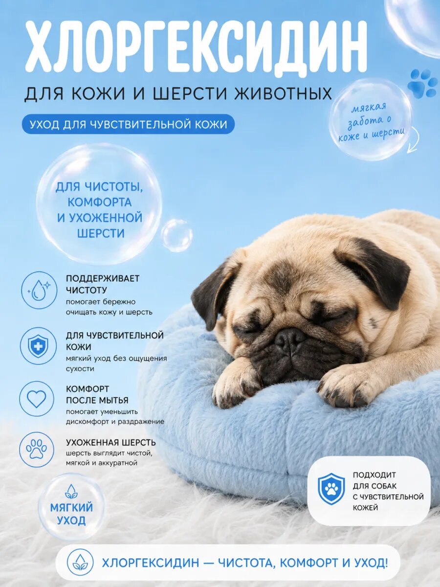 Шампунь BubbleTails, с хлоргексидином для собак и кошек, 300мл, бутылка с дозатором — фото 1