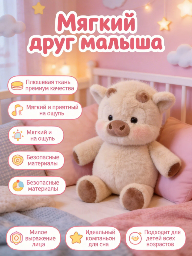Милый пушистый бегущий теленок — мягкая плюшевая игрушка для детей и оригинальный подарок 45cm