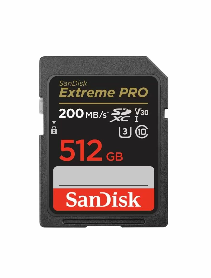 Карта памяти SDXC 512 ГБ SanDisk Extreme PRO, UHS-I U3 V30 Class 10, чтение до 200 МБ/с, запись до 140 МБ/с, для фотоаппарата и видеокамеры 4K (SDSDXXD-512G-GN4IN)